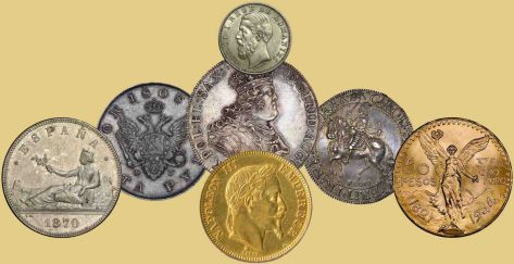 A diverse group of foreign coins, typically appraised and purchased by our expert rare coin buyers.