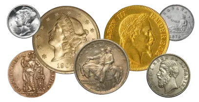 A diverse group of U.S. and foreign gold, silver, and bronze coins, representing a wide range of rare coin values.