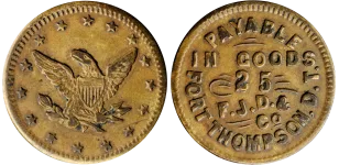 Fort-Thompson,-North-Dakota-25-Cents-Trade-Token A Fort Thompson, North Dakota trade token, a historic item appraised by an expert North Dakota coin dealer.