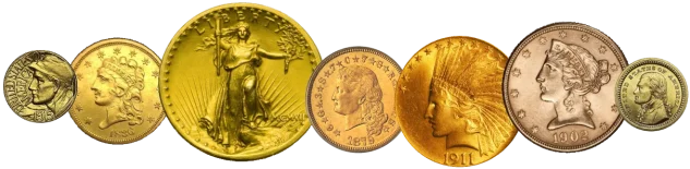 A montage of various U.S. gold coins, including a Saint-Gaudens and a Liberty Head, appraised by an expert gold coin dealer.