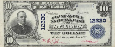The-Grand-Avenue-National-Bank-of-St.-Louis,-Missouri-$10-Note A rare National Bank Note from St. Louis, an item appraised by a professional Missouri coin dealer.