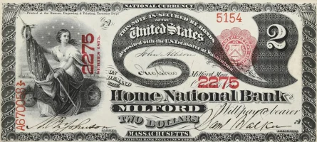 A rare "Lazy Deuce" National Bank Note from Milford, appraised by a professional Massachusetts coin dealer.