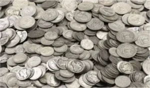 A group of 90% silver U.S. coins, a preferred form of bullion for junk silver buyers.