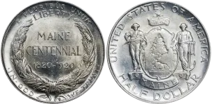 Maine-Centennial-Commemorative-Half-Dollar The Maine Centennial Half Dollar, a classic commemorative coin appraised by an expert Maine coin dealer.