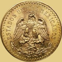 Close-up of a 50 Pesos gold coin, symbolizing the rich historical and cultural heritage of early 20th century Mexico.