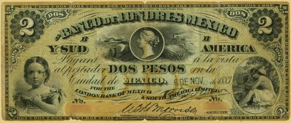 Old 'Dos Pesos' Mexican banknote, representing the types of currency American Rarities purchases.