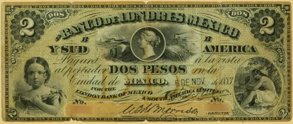 Old 'Dos Pesos' Mexican banknote, representing the types of currency American Rarities purchases.