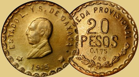Detailed close-up of Mexican Revolutionary silver and copper coins showing intricate designs.