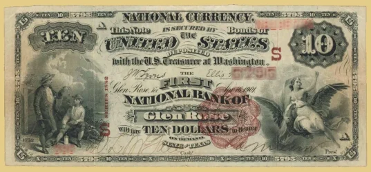 A ten dollar National Currency Note from the First National Bank of Glenrose, showing its unique local bank charter.