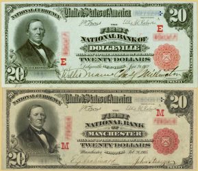 Examples of two National Currency Notes from the Third Charter Period of 1908–1935.