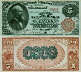 A five dollar National Currency Note from the Second National Bank of Winona, Minnesota, an example from the Second Charter Period.