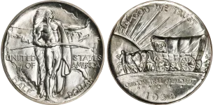 The Oregon Trail Memorial Half Dollar, a classic commemorative coin appraised by an expert Oregon coin dealer.