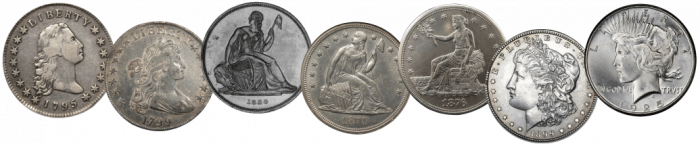 Type set of all major types of United States silver dollar coinage