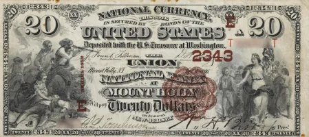 The-Union-National-Bank-at-Mount-Holly,-New-Jersey-$20-Note A rare National Bank Note from Mount Holly, an item appraised by a professional New Jersey coin dealer.