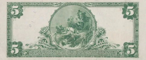 The reverse of a historic National Currency note, an item appraised by a professional West Virginia coin dealer.