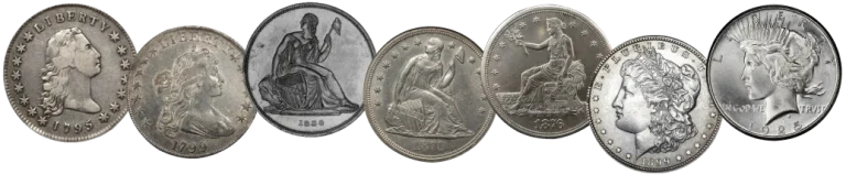U.S. silver dollar types from Flowing Hair through Peace dollars