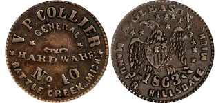 V.P.-Collier-Civil-War-Token—Battle-Creek,-Michigan A V.P. Collier Civil War token from Battle Creek, an item appraised by an expert Michigan coin dealer.